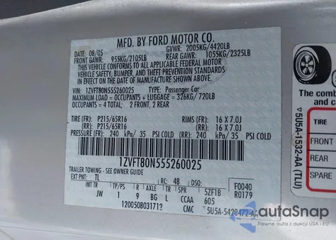 2005 Ford Mustang V6 Deluxe/V6 Premium from USA, damaged, VIN 1ZVFT80N555260025